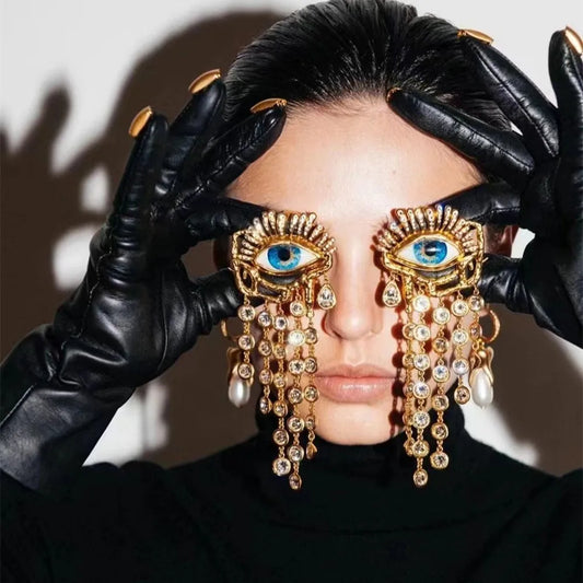 Rhinestone Golden Evil Eye Chain Dangle Earrings