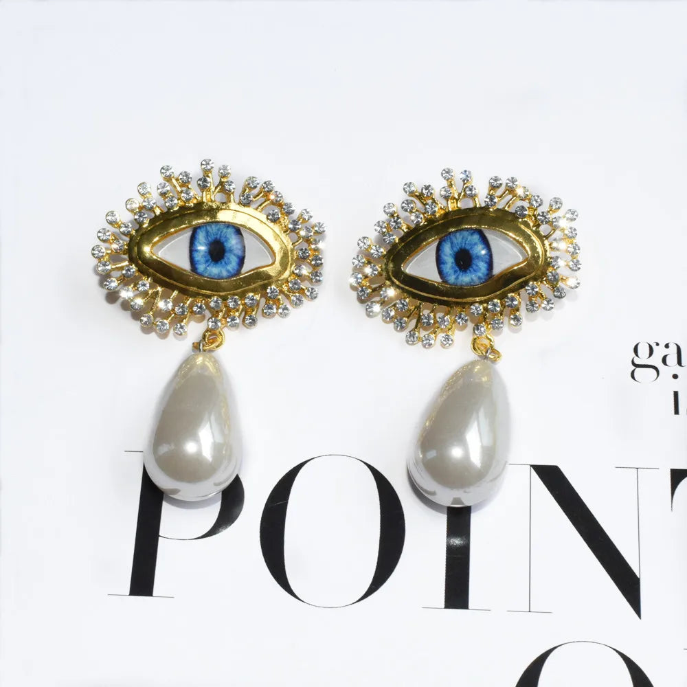 Blue Eyes Gold Plated Dangle Earrings