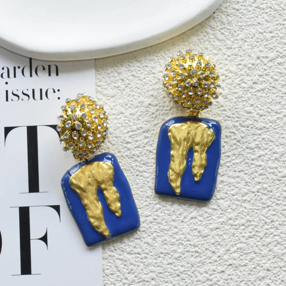 Blue Enamel Crystal Drop Dangle Earrings