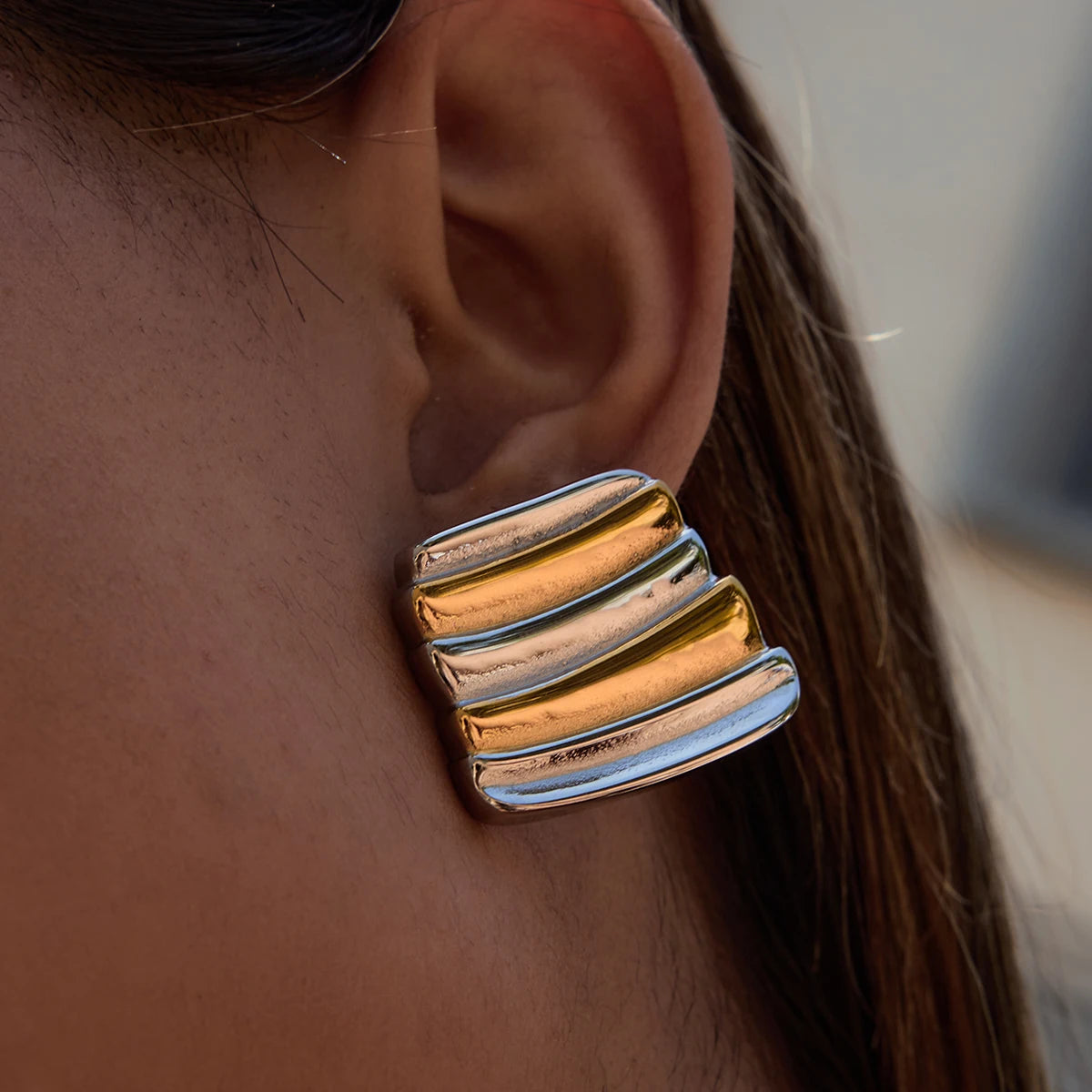 Two Tone Striped Geometric Earrings 18K Gold Plated Stainless Steel Earrings