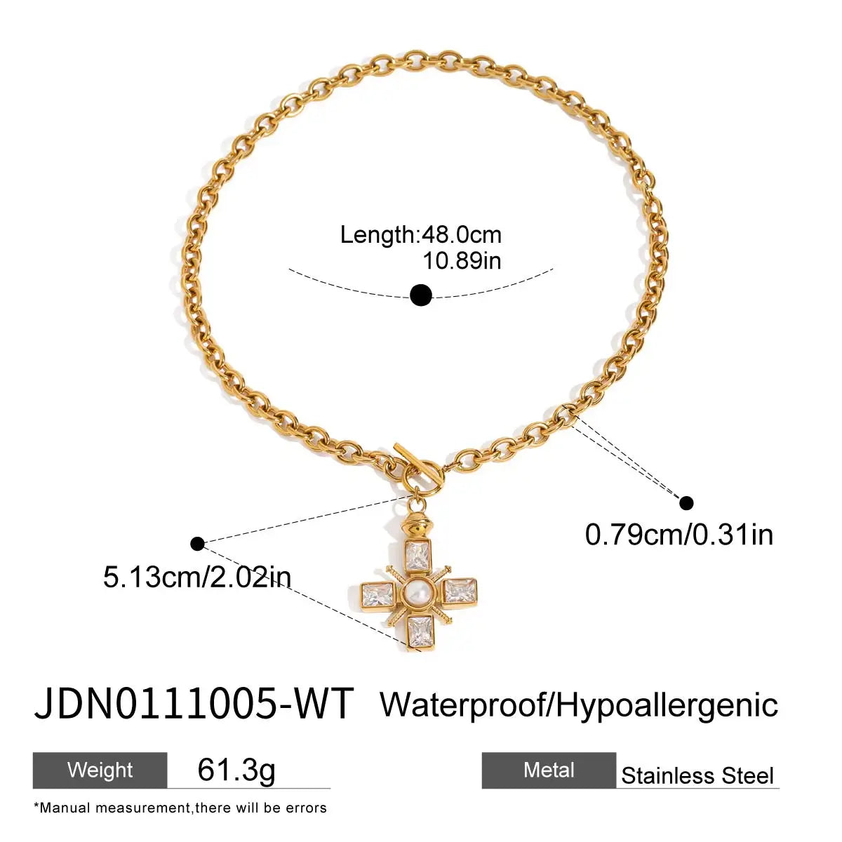 Cubic Zirconia Cross Pendant Stainless Steel Luxury Necklace