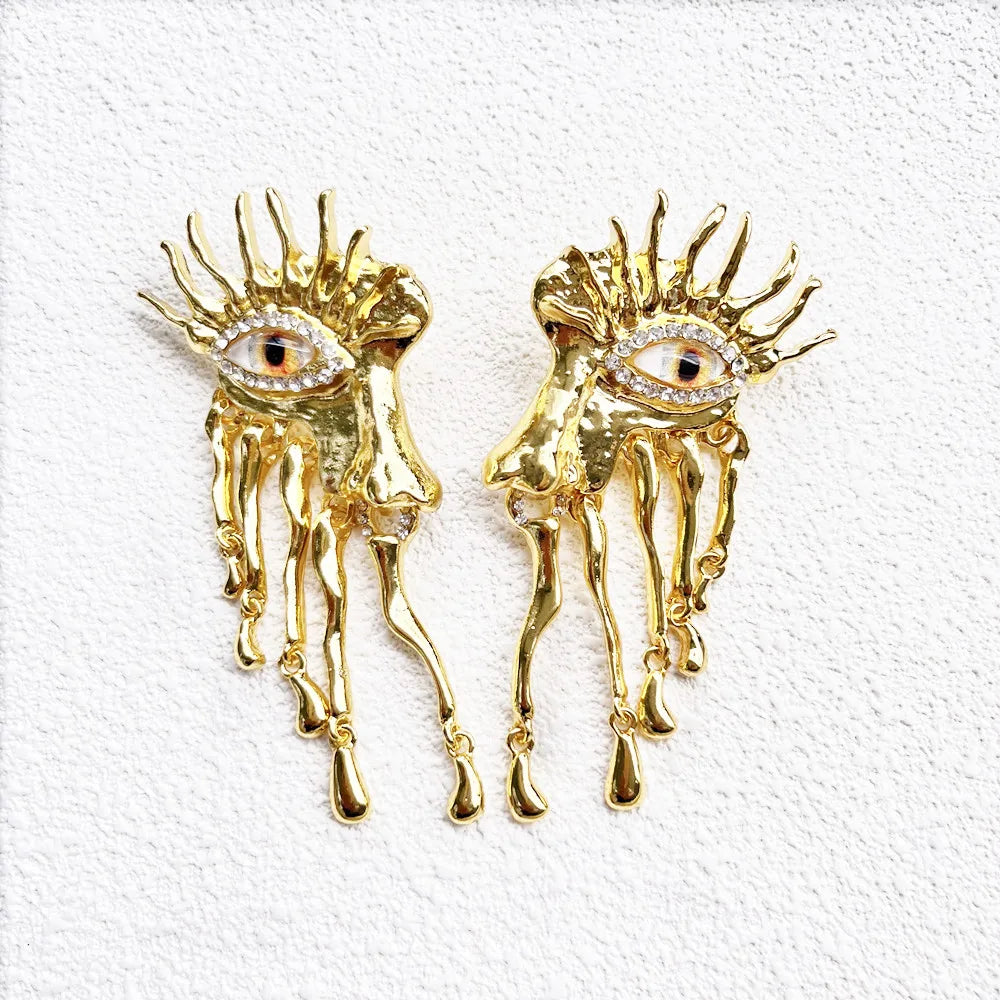 Statement Gold Plated Evil Eye Sunburst Drop Dangle Earrings