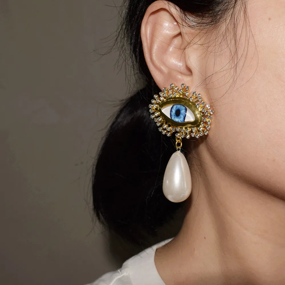 Blue Eyes Gold Plated Dangle Earrings