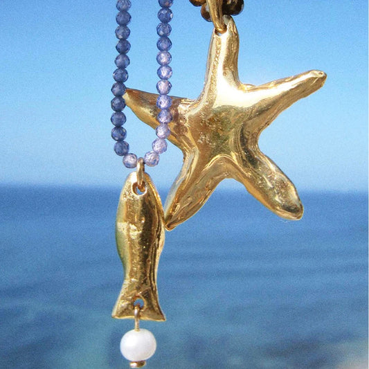 Starfish Pendant Bead Necklace Natural Stone