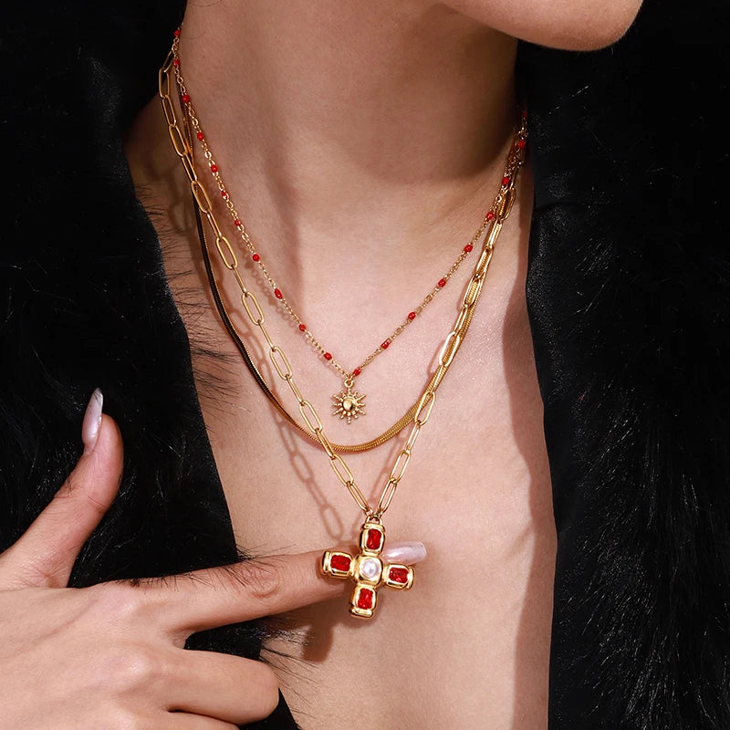 Cubic Zirconia Cross Pendant Stainless Steel Luxury Necklace