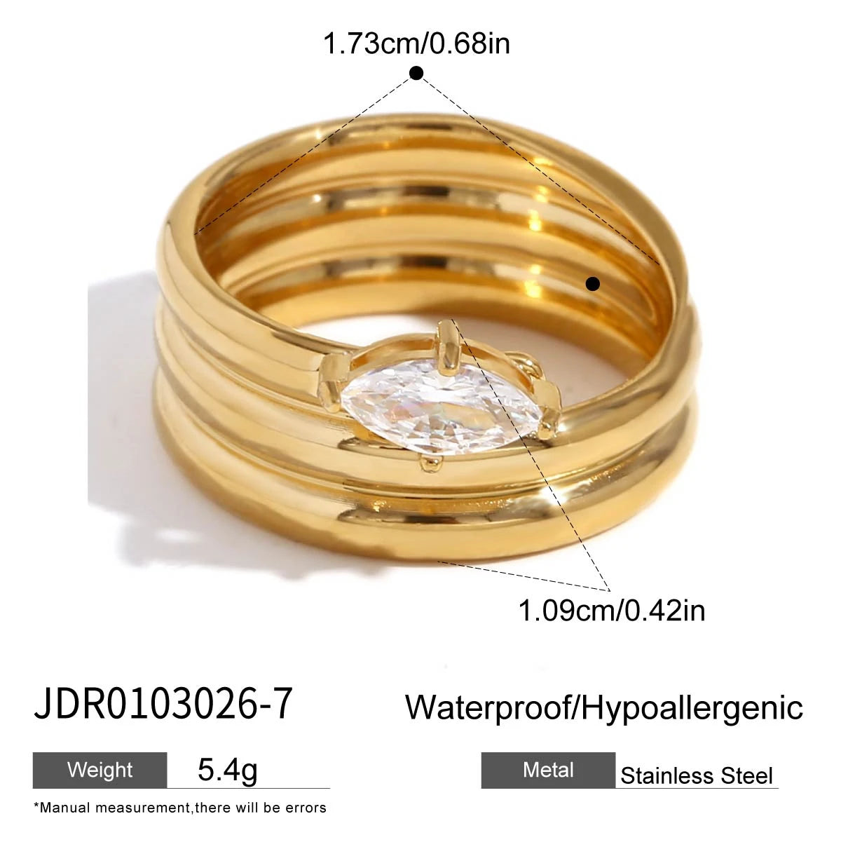 Minimalist Rectangular Zircon Ring 18k Gold Plated Stainless Steel Geometric Ring