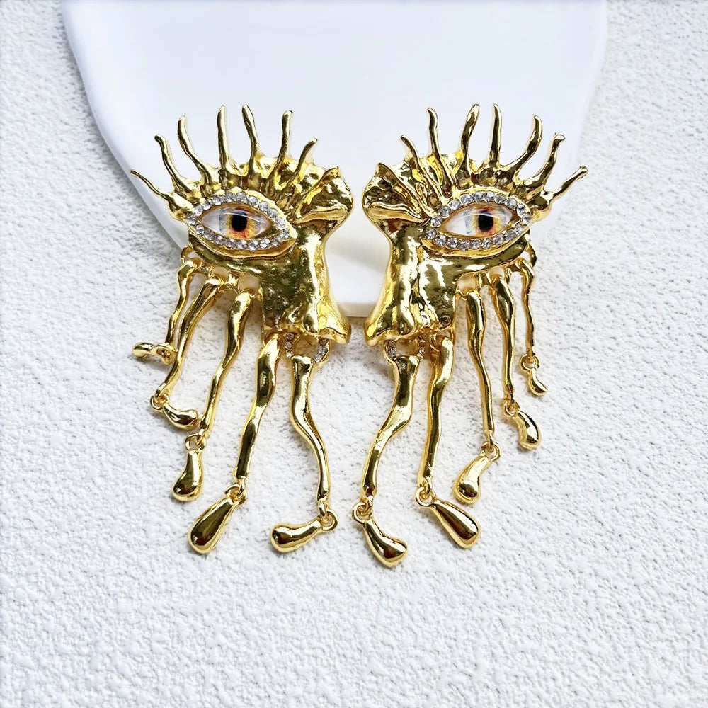 Statement Gold Plated Evil Eye Sunburst Drop Dangle Earrings