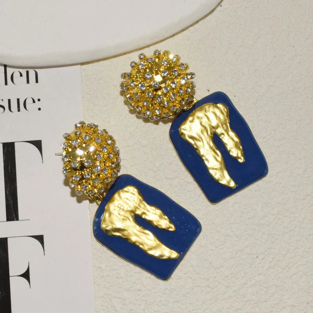 Blue Enamel Crystal Drop Dangle Earrings