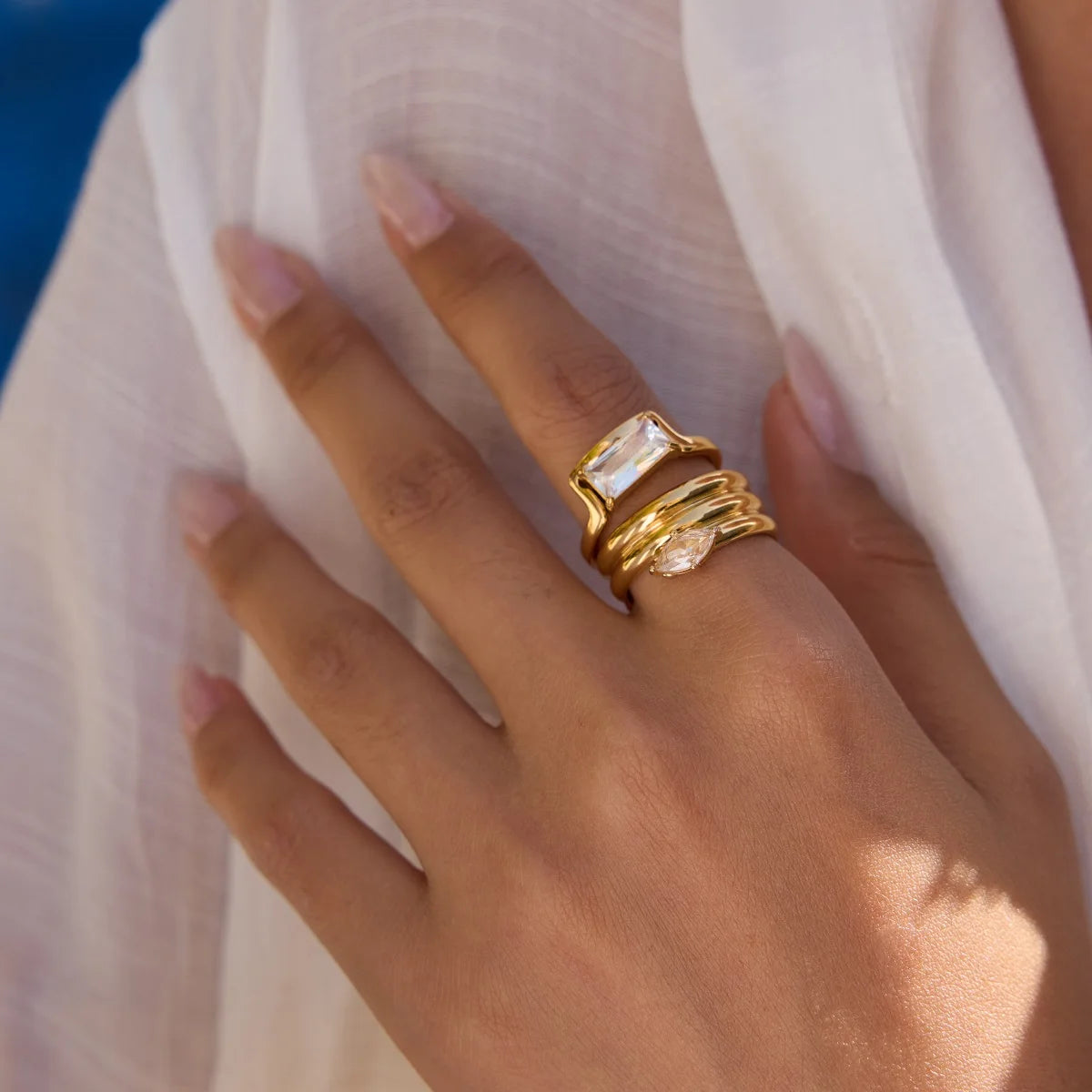 Minimalist Rectangular Zircon Ring 18k Gold Plated Stainless Steel Geometric Ring