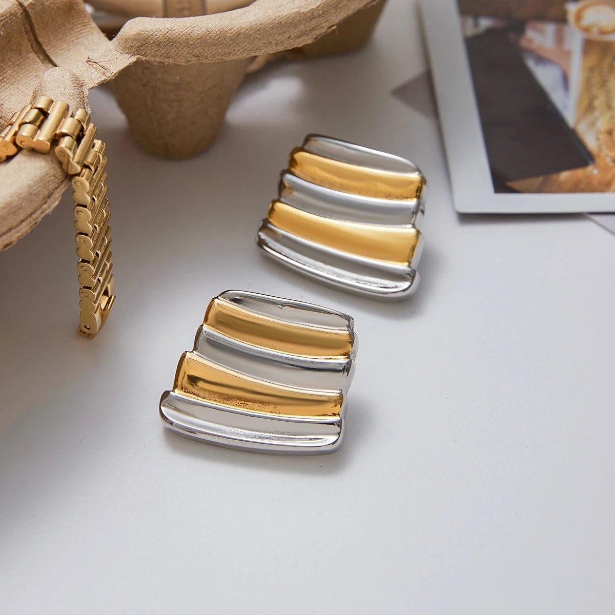 Two Tone Striped Geometric Earrings 18K Gold Plated Stainless Steel Earrings