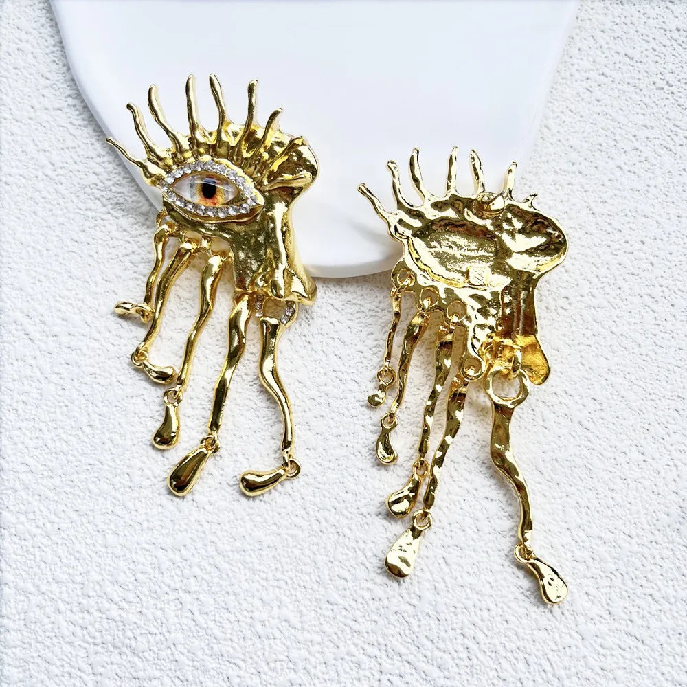 Statement Gold Plated Evil Eye Sunburst Drop Dangle Earrings