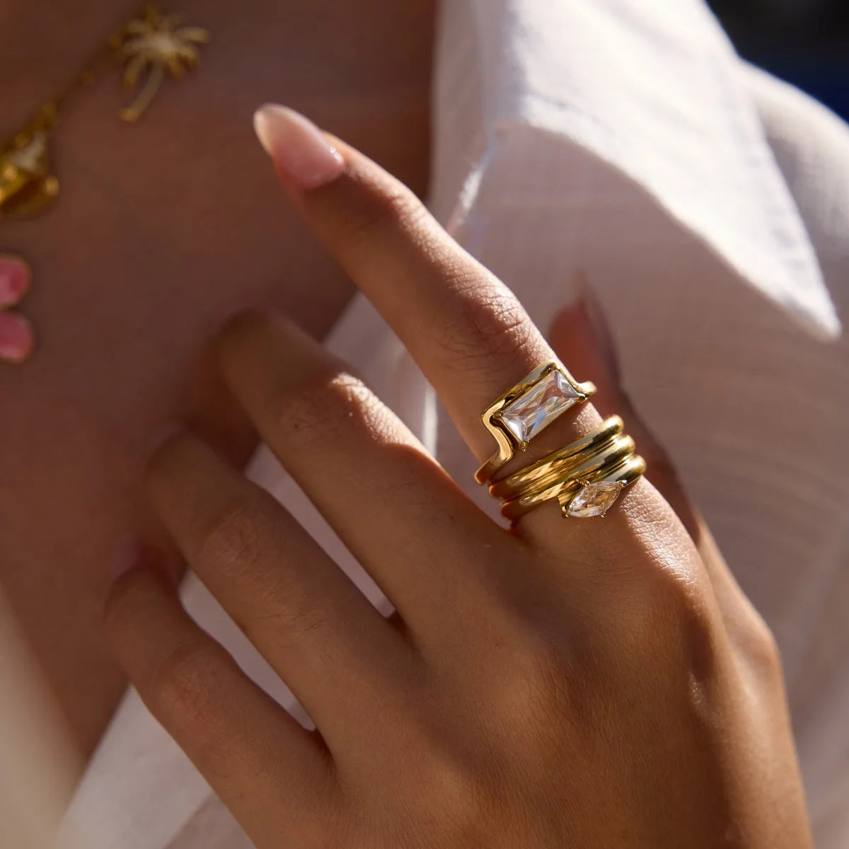 Minimalist Rectangular Zircon Ring 18k Gold Plated Stainless Steel Geometric Ring