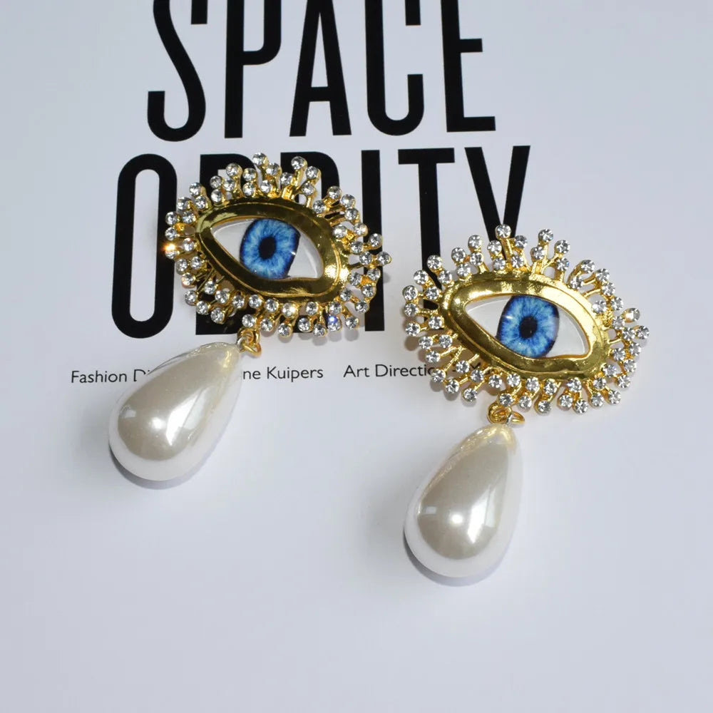 Blue Eyes Gold Plated Dangle Earrings