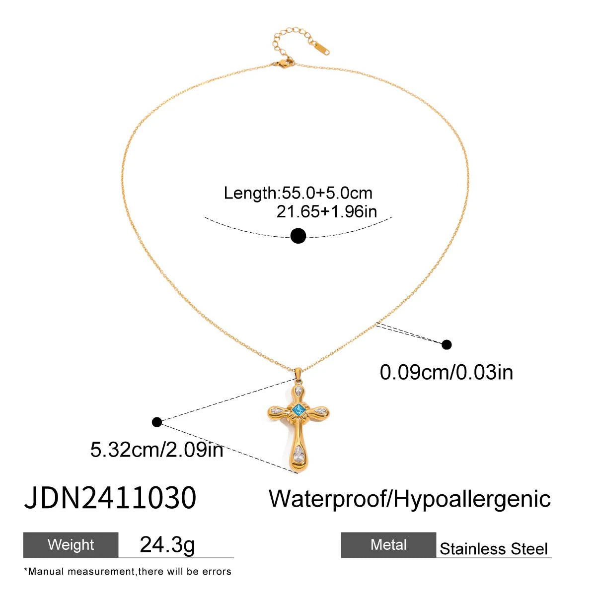 Cubic Zirconia Cross Pendant Stainless Steel Luxury Necklace