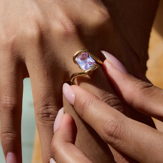 Square Pink Zircon Ring 18K Gold Plated