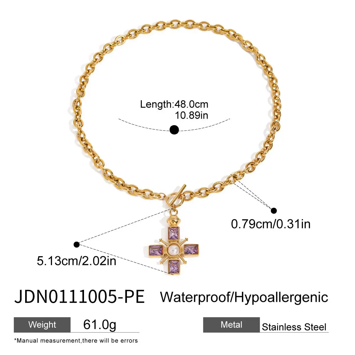 Cubic Zirconia Cross Pendant Stainless Steel Luxury Necklace