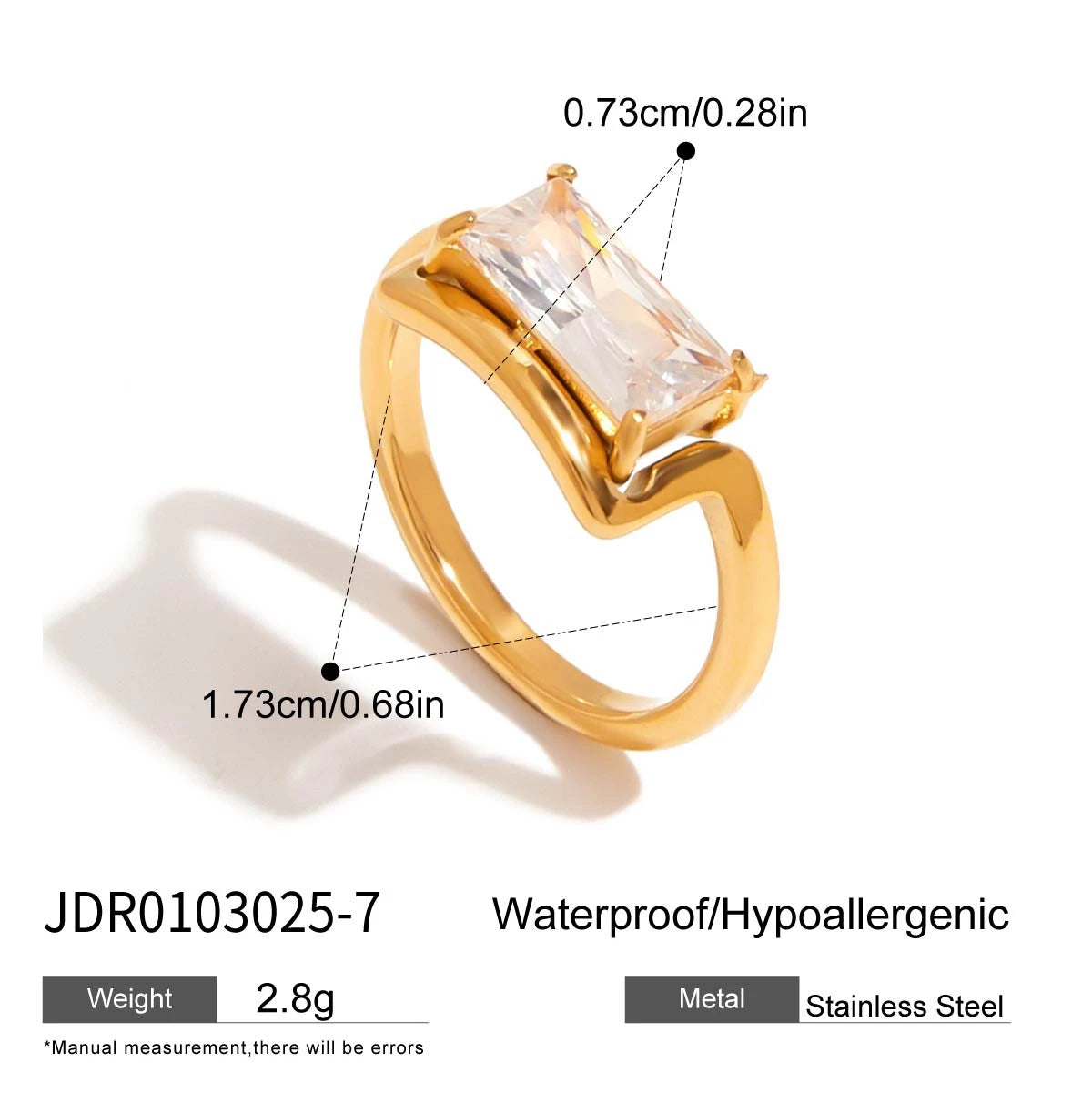 Minimalist Rectangular Zircon Ring 18k Gold Plated Stainless Steel Geometric Ring