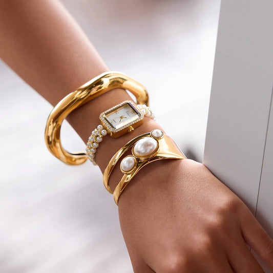 Pearl Rectangular Watch & Bracelets 18K Gold Plated