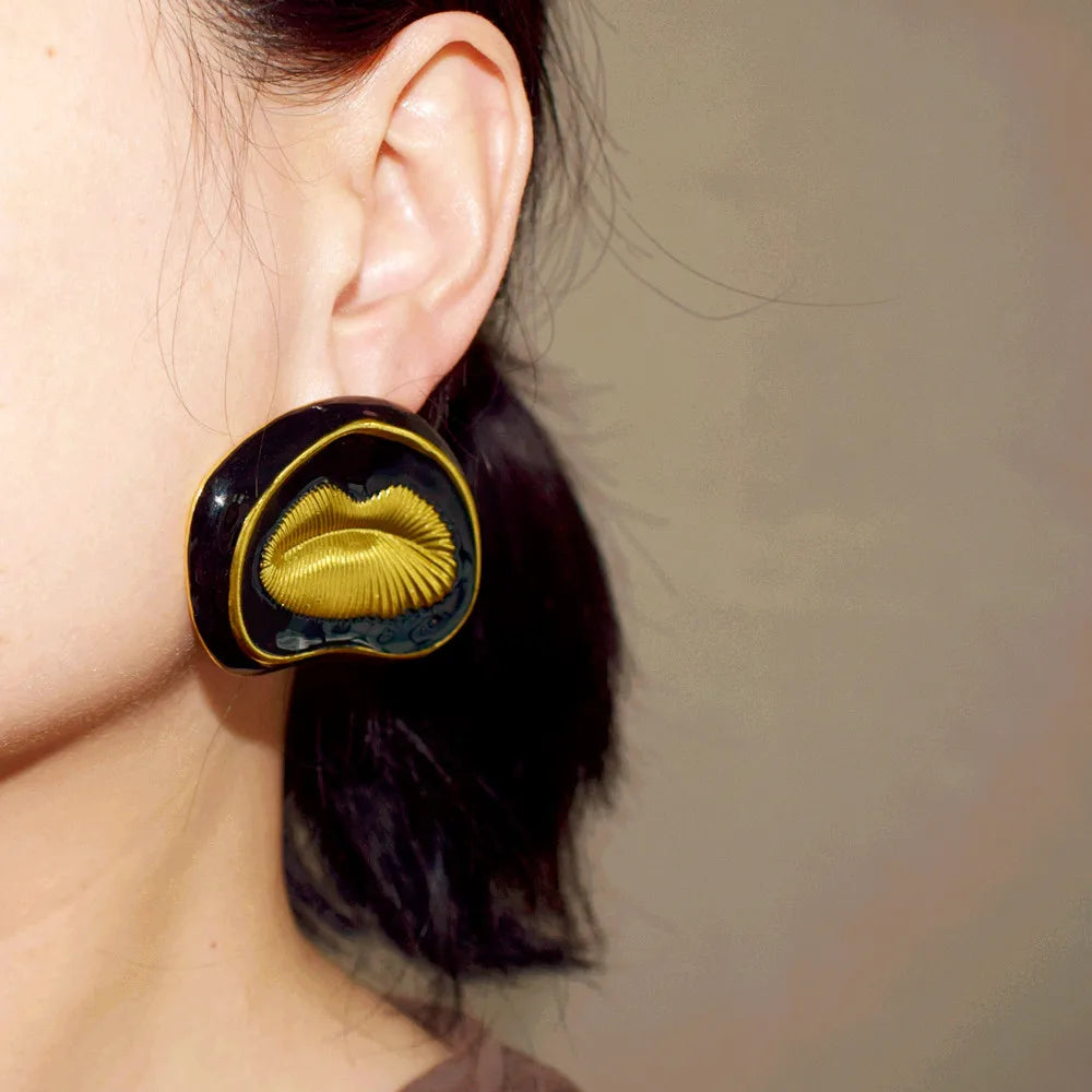 Statement Black Enamel Lip Style Earrings