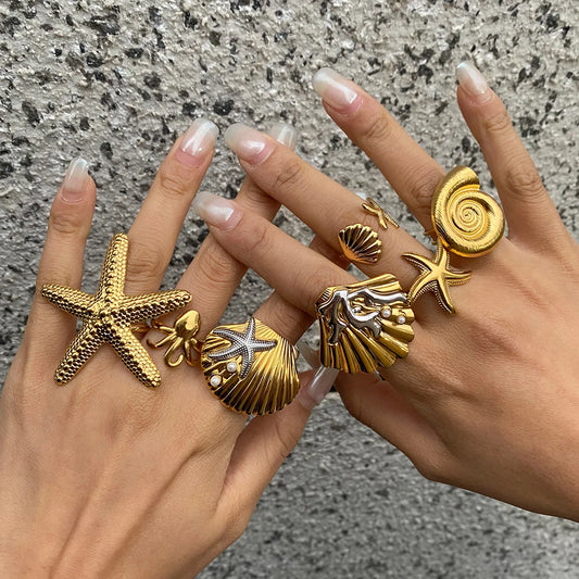 Ocean Beach Starfish Spiral Ring 18K Gold Plated Stainless Steel Shell Stackable Rings