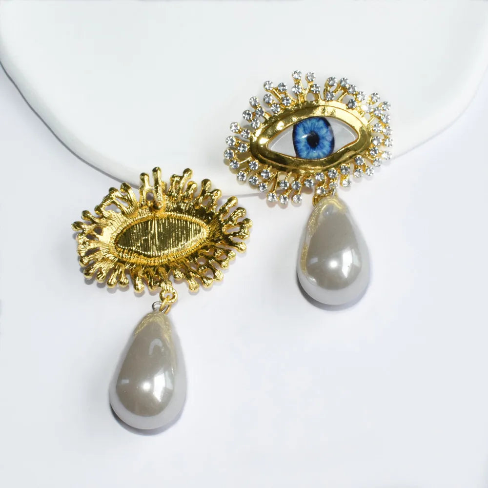 Blue Eyes Gold Plated Dangle Earrings