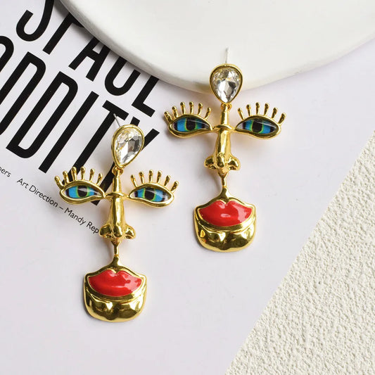 Baroque Style Metal Eyes With Red Lips Earrings