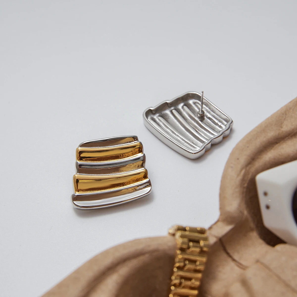 Two Tone Striped Geometric Earrings 18K Gold Plated Stainless Steel Earrings