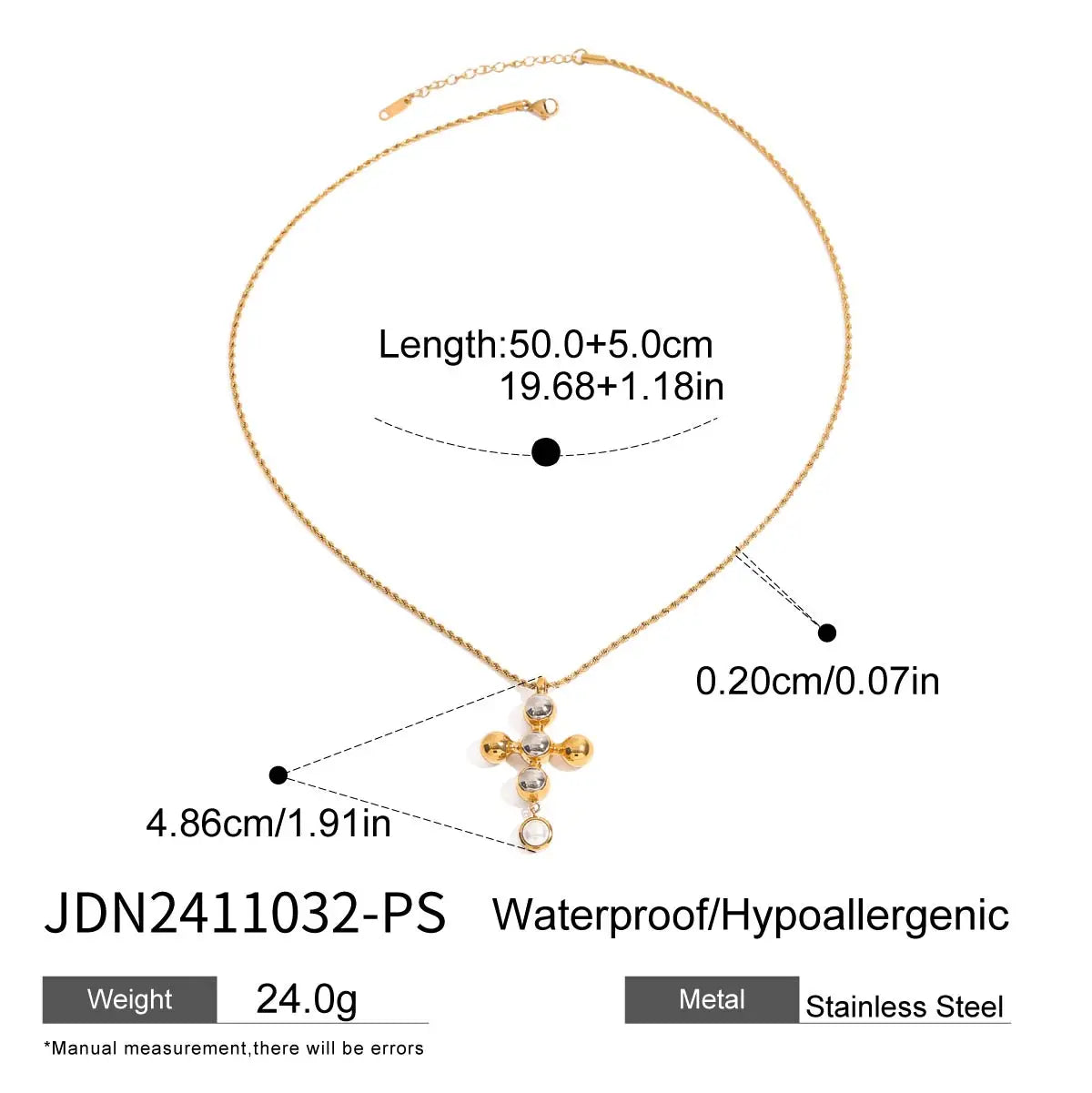 Cubic Zirconia Cross Pendant Stainless Steel Luxury Necklace