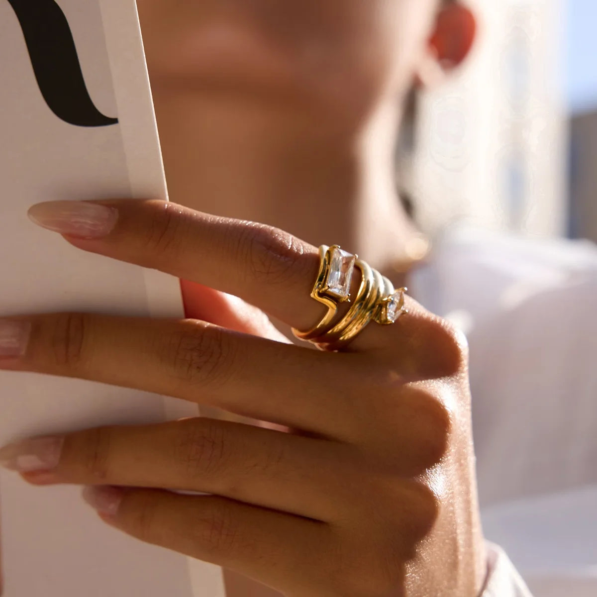 Minimalist Rectangular Zircon Ring 18k Gold Plated Stainless Steel Geometric Ring