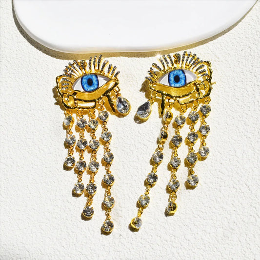 Rhinestone Golden Evil Eye Chain Dangle Earrings