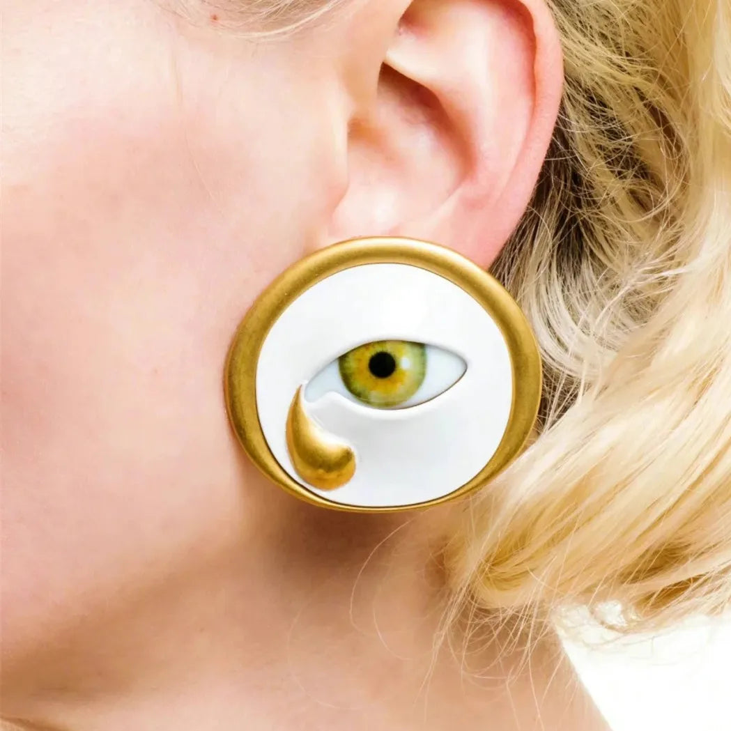 Metal White Enameled Eyes Stud Earrings