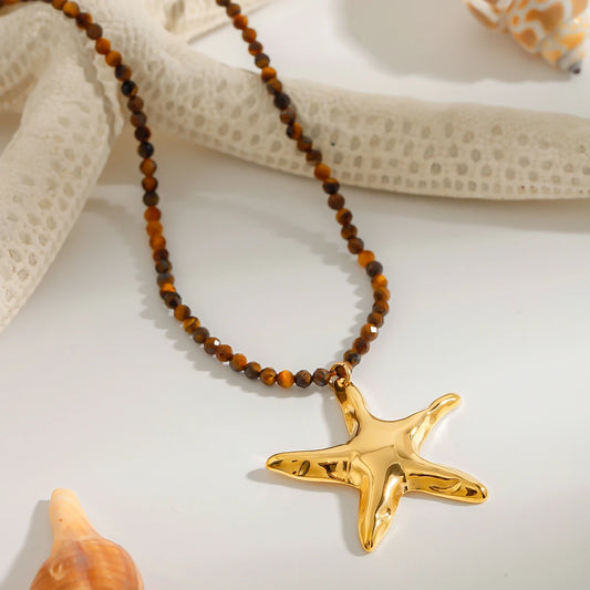 Starfish Pendant Chain & Bead Necklace 18K Gold Stainless Steel
