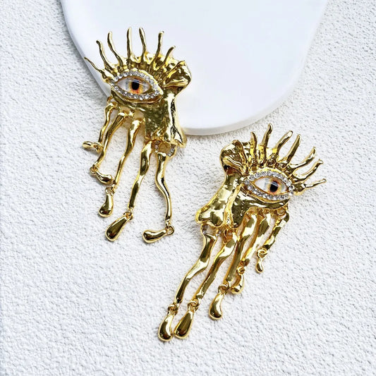 Statement Gold Plated Evil Eye Sunburst Drop Dangle Earrings
