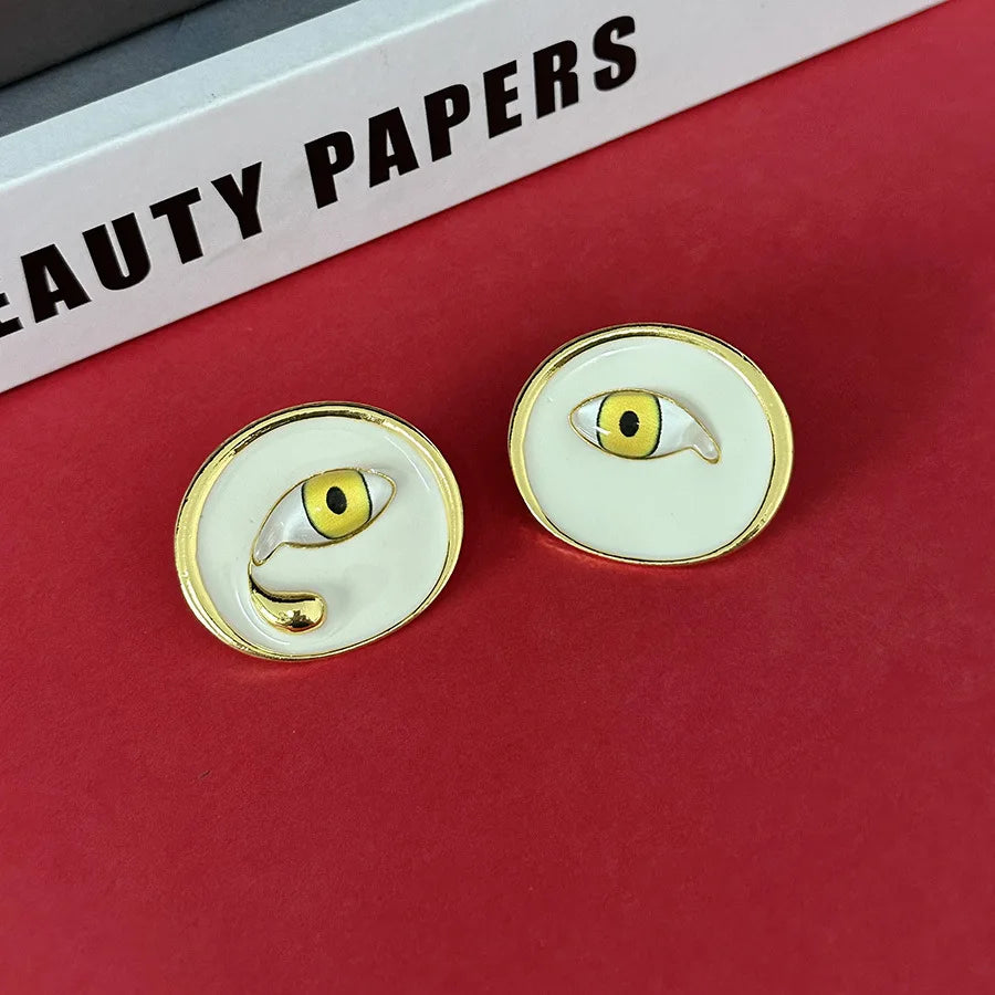 Metal White Enameled Eyes Stud Earrings