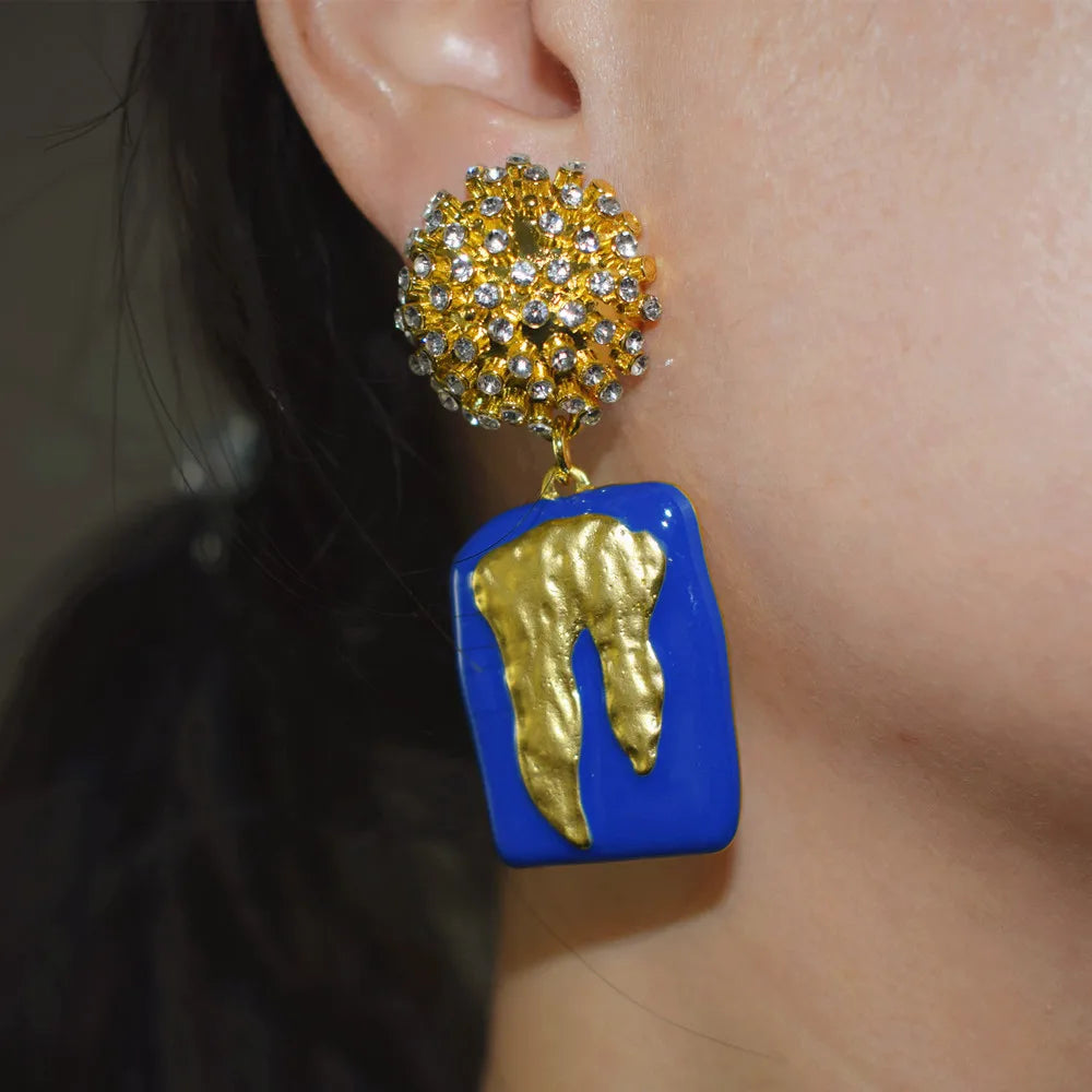 Blue Enamel Crystal Drop Dangle Earrings