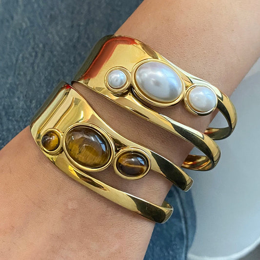 Asymmetric Pearl Bracelet Tiger Eye Stone Stacked Bracelet