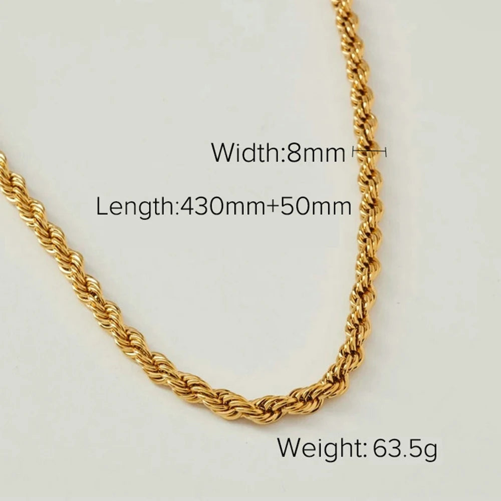Bold gold statement necklace with 8mm width and 480mm length featuring a twisted rope design