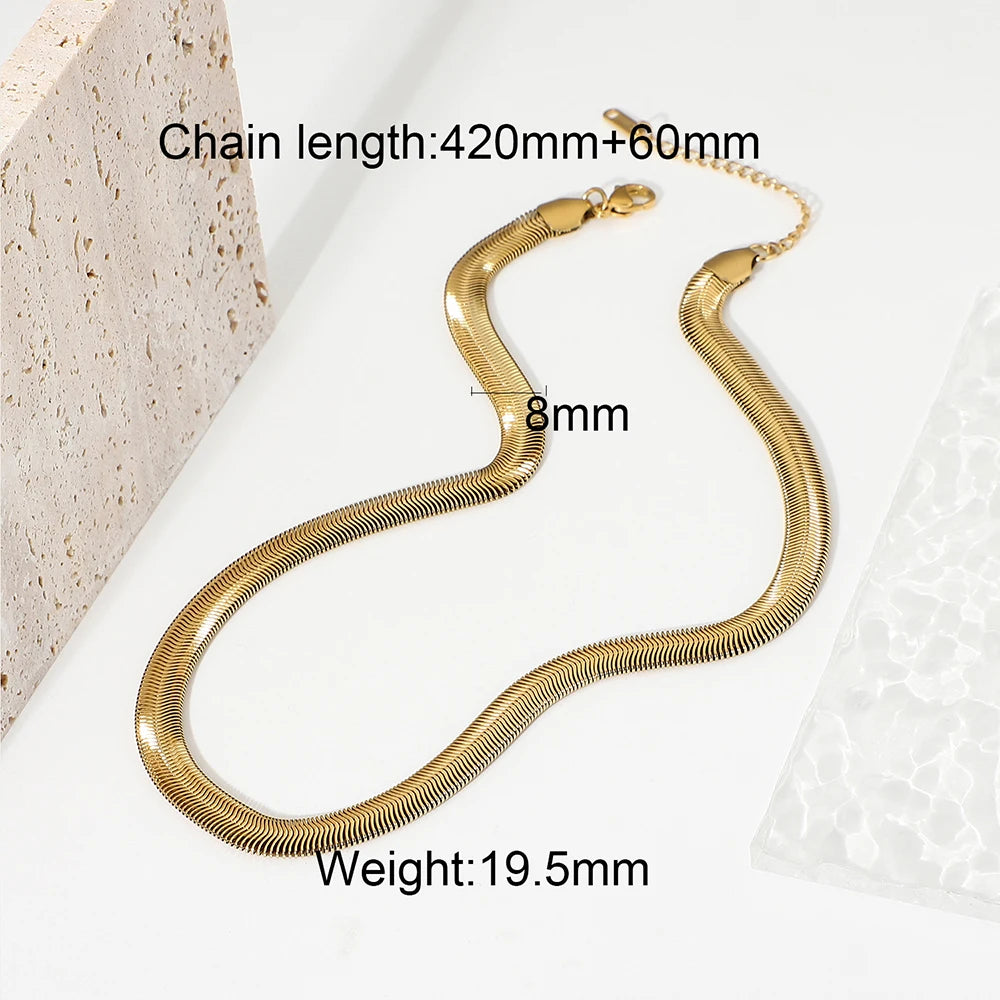 Elegant bold gold statement necklace with smooth flat chain and adjustable length clasp