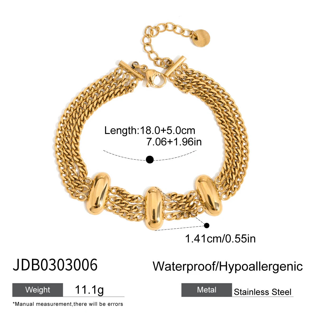 Fashionable gold bracelet with triple chain design waterproof and hypoallergenic stainless steel
