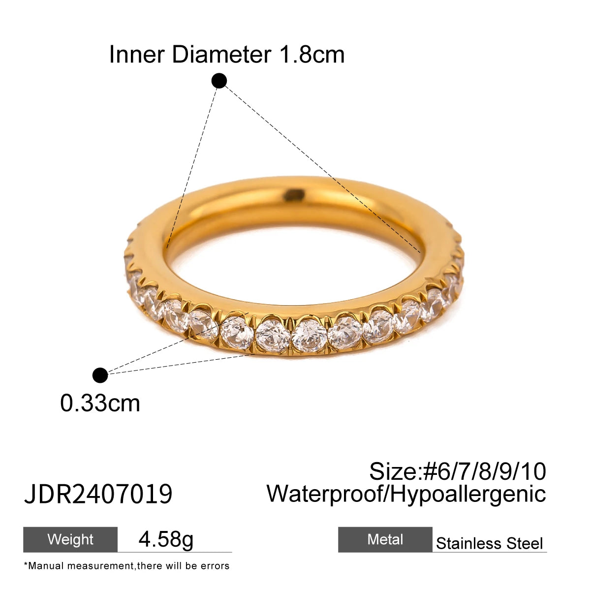 Fashionable stackable rings gold stainless steel with clear stones waterproof hypoallergenic