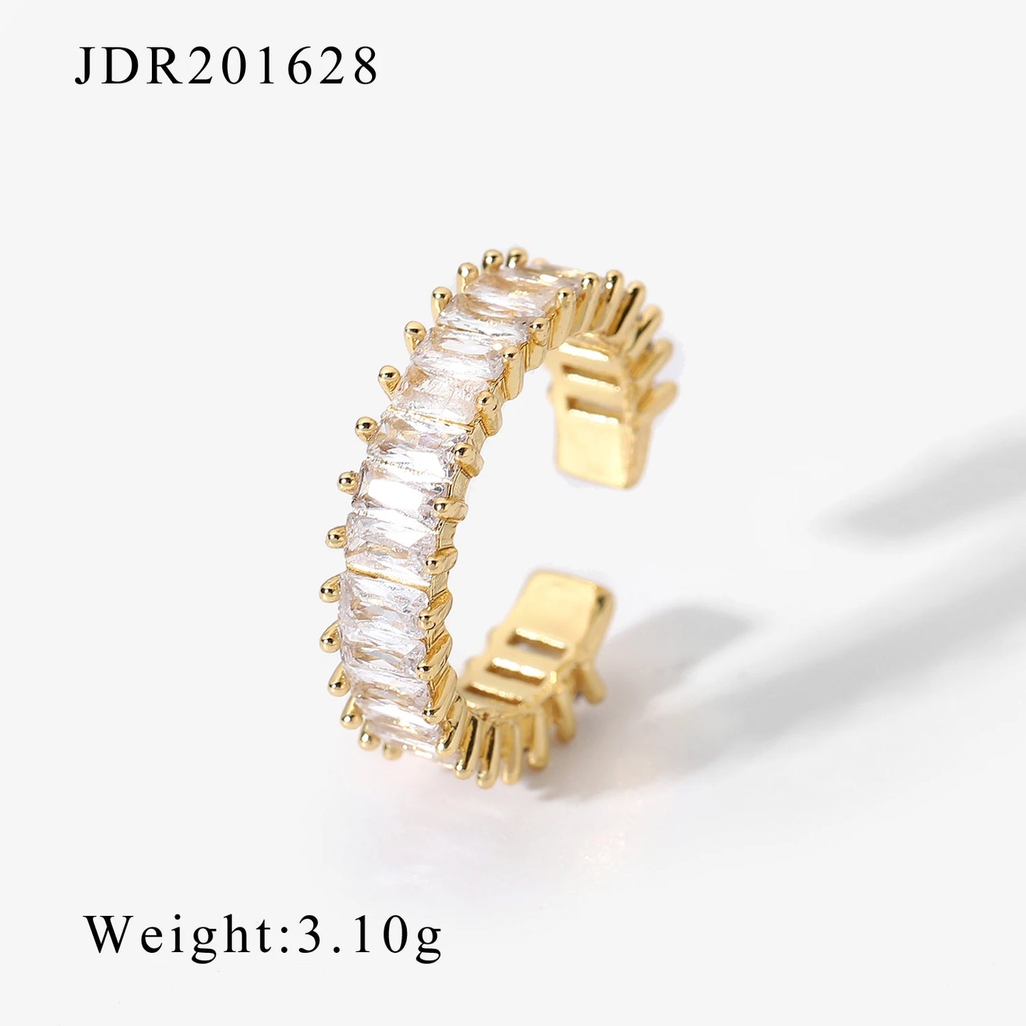 Gold open band ring with clear rectangular stones fashionable stackable rings elegant design