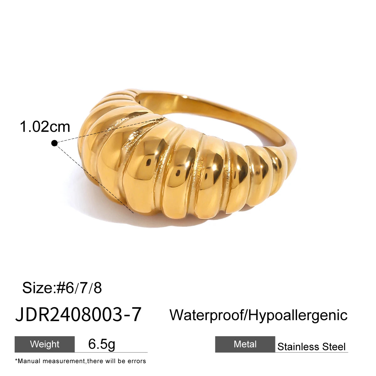 Gold stainless steel Fashionable Stackable Rings with a 1.02 cm width, waterproof and hypoallergenic