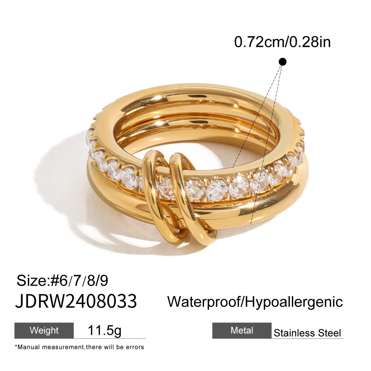 Gold Stainless Steel Fashionable Stackable Rings with Clear Stones Waterproof and Hypoallergenic