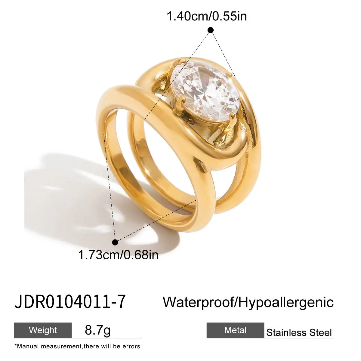 Gold geometric statement ring with a large clear round crystal, waterproof and hypoallergenic stainless steel