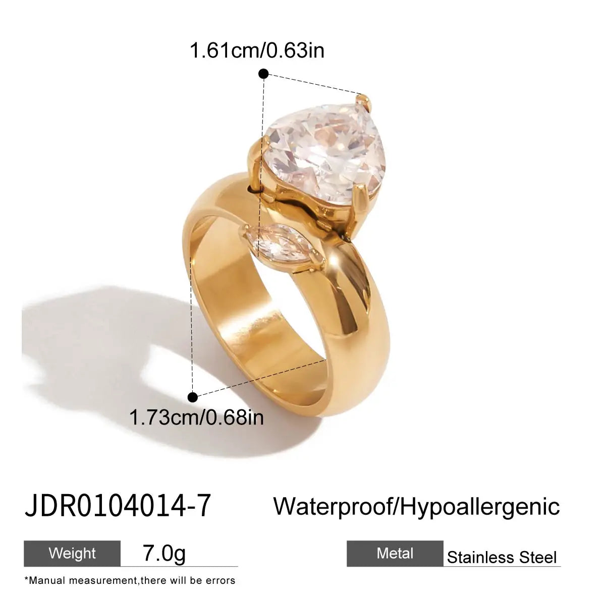 Gold stainless steel geometric statement ring with clear gemstone and hypoallergenic waterproof design