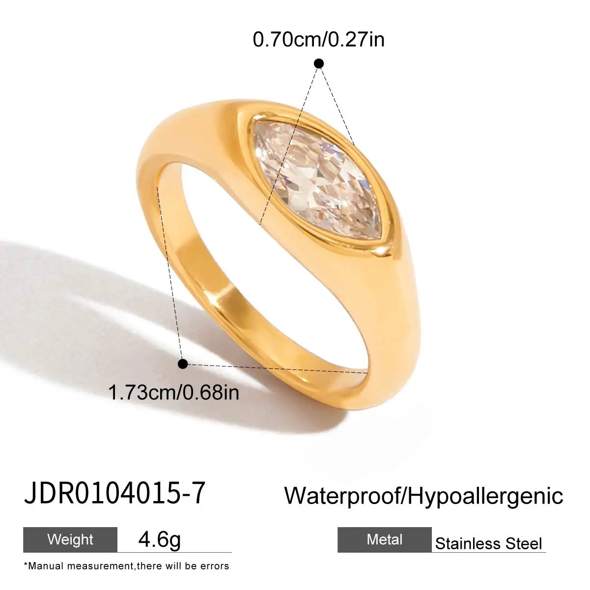 Gold stainless steel geometric statement ring with marquise crystal stone and hypoallergenic design