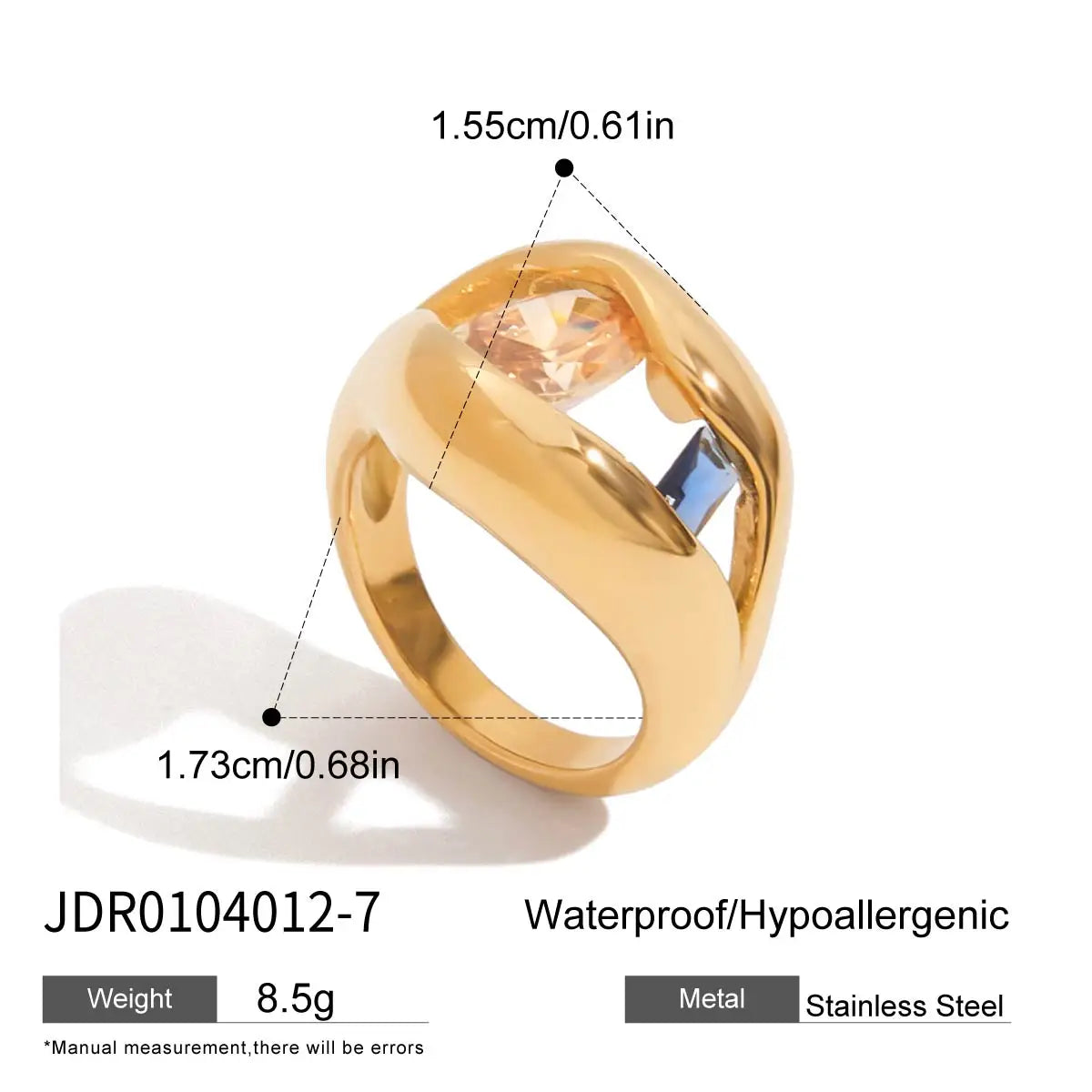 Gold stainless steel geometric statement ring with clear gem, waterproof and hypoallergenic design