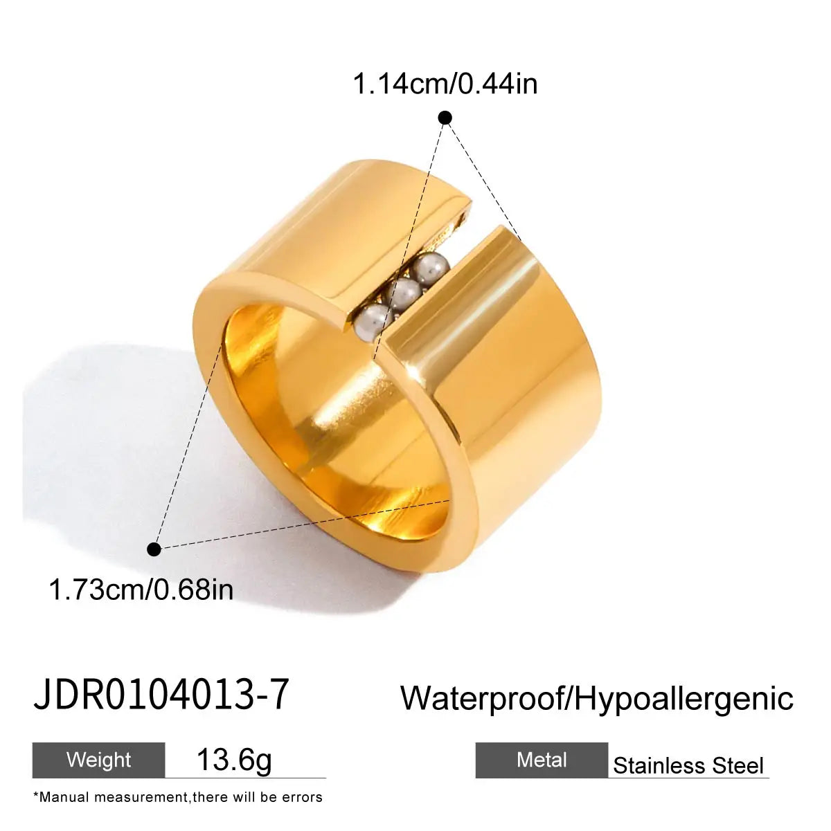 Gold stainless steel geometric statement ring with a modern design and pearl accents