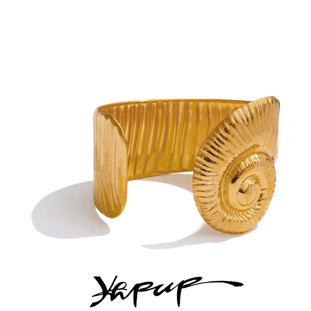 Gold textured waterproof open bangle with unique spiral design and open cuff style